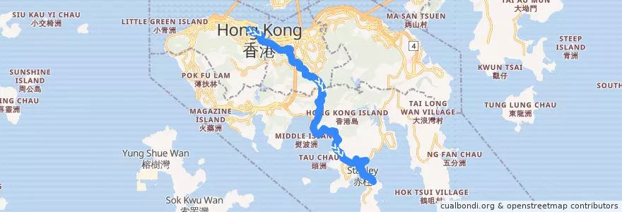 Mapa del recorrido 城巴6號線 Citybus 6 (中環 Central → 赤柱 Stanley (不經馬坑 omit Ma Hang)) de la línea  en جزيرة هونغ كونغ.