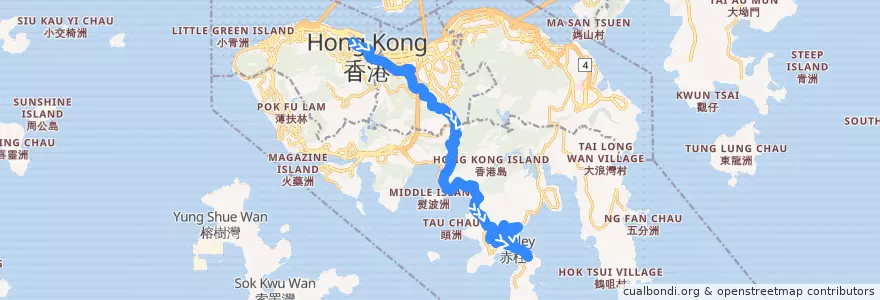 Mapa del recorrido 城巴6號線 Citybus 6 (中環 Central → 赤柱 Stanley (經馬坑 via Ma Hang)) de la línea  en جزيرة هونغ كونغ.