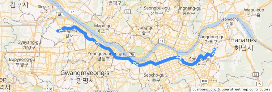 Mapa del recorrido 서울 지하철 9호선 급행: 중앙보훈병원 → 김포공항 de la línea  en Сеул.
