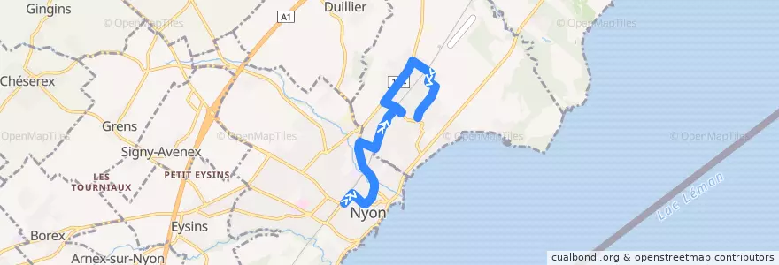 Mapa del recorrido Bus 805: Nyon, gare => Prangins, poste de la línea  en District de Nyon.