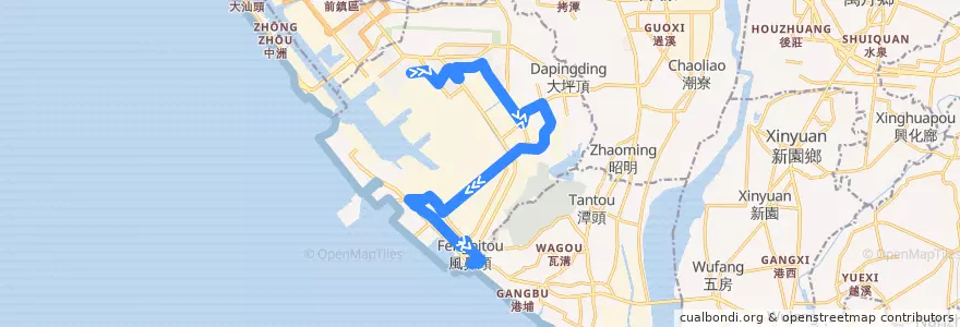 Mapa del recorrido 紅2(正線_往程) de la línea  en Xiaogang District.