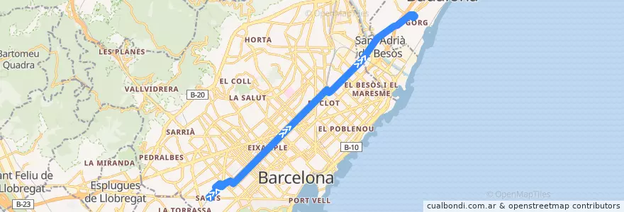 Mapa del recorrido H10 Pl Sants => Olímpic de Badalona de la línea  en Barcelonès.