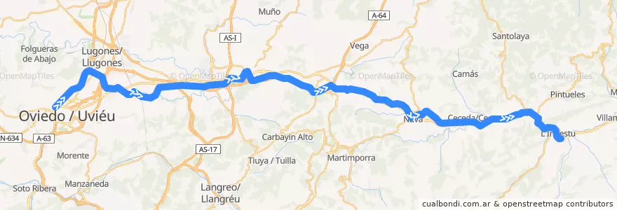 Mapa del recorrido Línea F6 Oviedo-Infiesto de la línea  en Asturias.