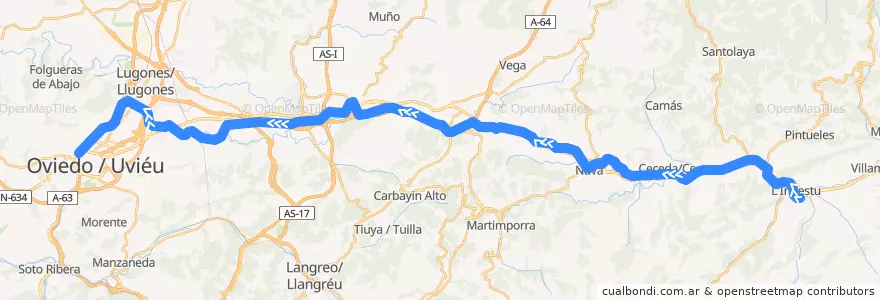 Mapa del recorrido Línea F6 Infiesto-Oviedo de la línea  en Astúrias.