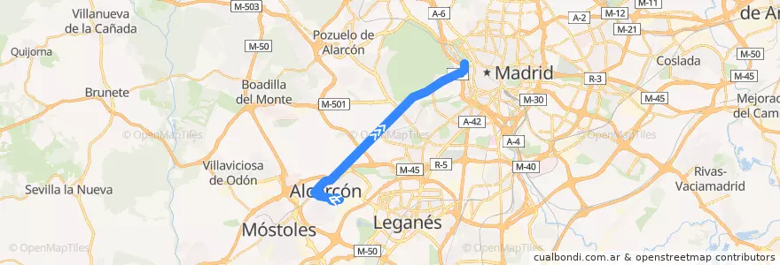 Mapa del recorrido Bus 512: Alcorcón - Madrid de la línea  en Área metropolitana de Madrid y Corredor del Henares.