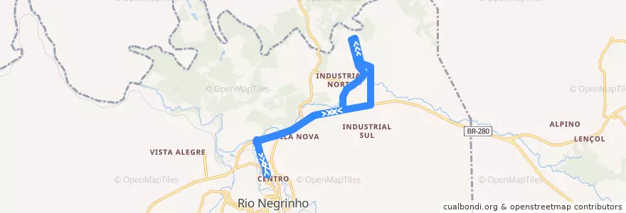 Mapa del recorrido Vila Nova (sentido anti-horário) de la línea  en Rio Negrinho.