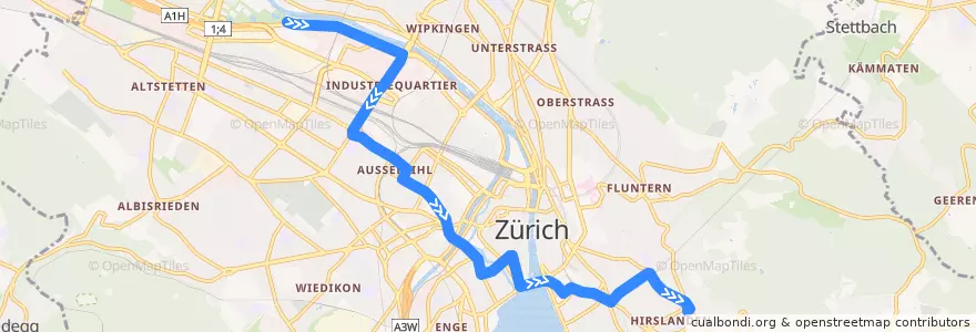 Mapa del recorrido Tram 8: Hardturm → Klusplatz de la línea  en Zürich.