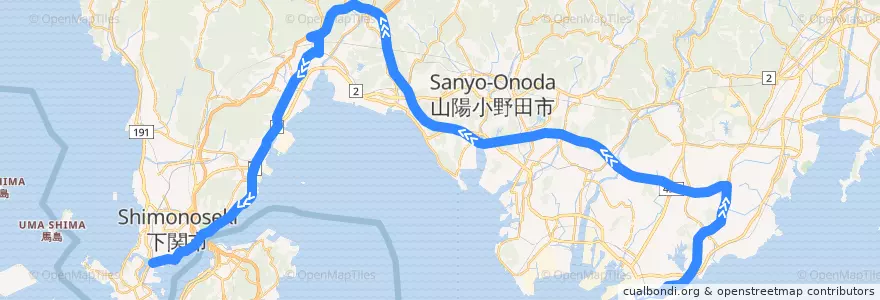 Mapa del recorrido 下関 - 山口宇部空港線　フジグラン宇部⇒下関駅 de la línea  en 山口県.