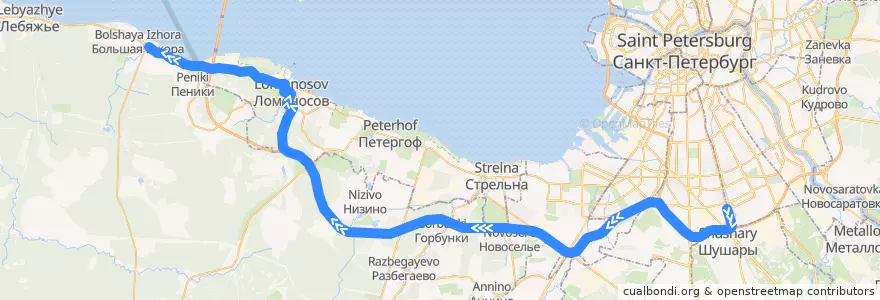 Mapa del recorrido Автобус № 403: станция метро «Купчино» => Большая Ижора de la línea  en Óblast de Leningrado.