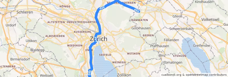 Mapa del recorrido Tram 7: Bahnhof Stettbach → Wollishoferplatz de la línea  en Zürich.