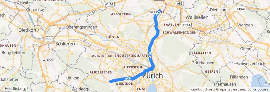 Mapa del recorrido Tram 14: Seebach → Triemli de la línea  en Zurich.