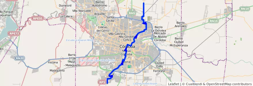 Mapa del recorrido 5 de la línea R (Rojo) en Municipio de Córdoba.