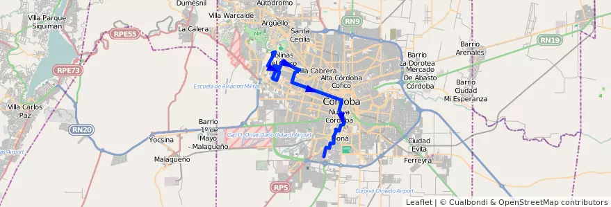 Mapa del recorrido 5 de la línea E (Celeste) en Municipio de Córdoba.