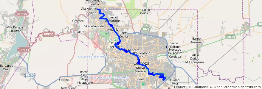 Mapa del recorrido 5 de la línea N (Naranja) en Municipio de Córdoba.