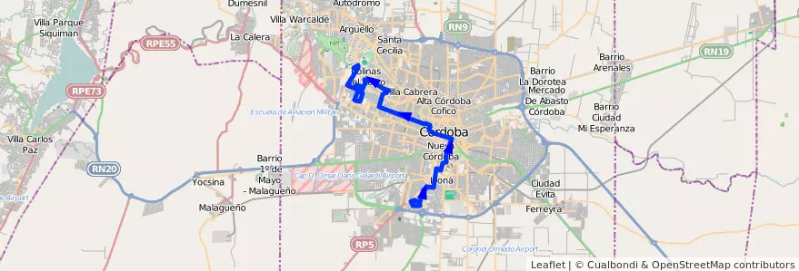 Mapa del recorrido 5 de la línea E (Celeste) en Municipio de Córdoba.