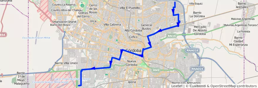 Mapa del recorrido 5 de la línea C (Amarillo) en Municipio de Córdoba.