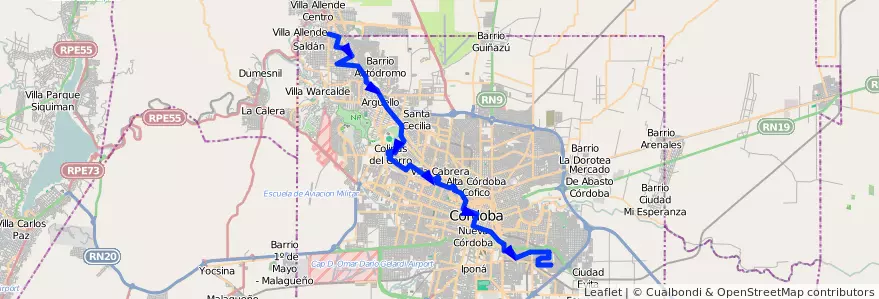 Mapa del recorrido 5 de la línea N (Naranja) en Municipio de Córdoba.