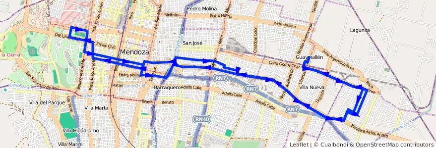 Mapa del recorrido 51 - Bº Santa Ana - Parque de la línea G05 en Mendoza.