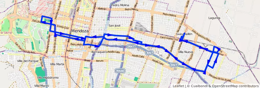 Mapa del recorrido 51 - Bº Santa Ana - Parque - Shopping  de la línea G05 en Mendoza.