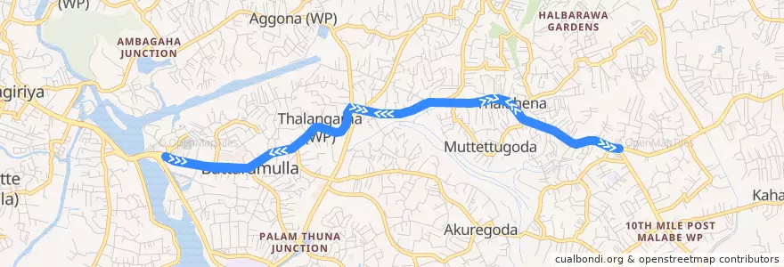 Mapa del recorrido 190 Meegoda Pettah de la línea  en කොළඹ දිස්ත්‍රික්කය.
