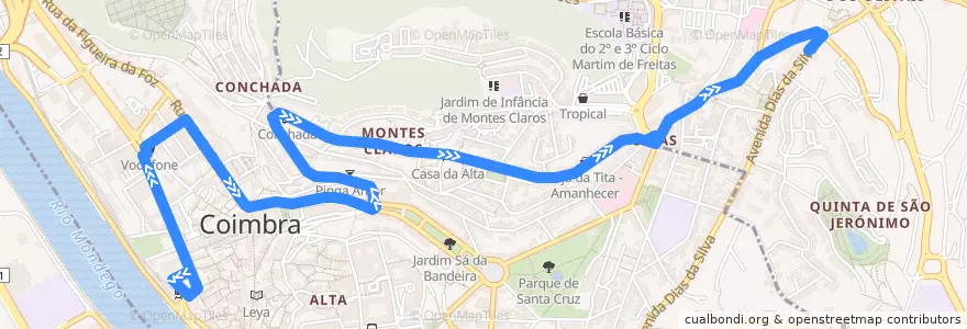 Mapa del recorrido 4: Estação Nova => Celas => Santo António dos Olivais de la línea  en Coímbra.