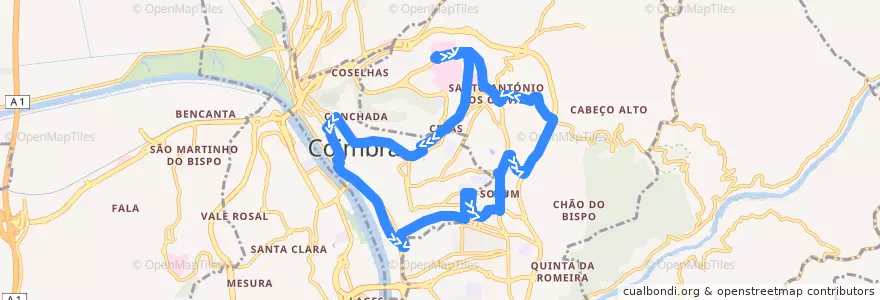 Mapa del recorrido 7T: Palácio da Justiça => Solum => Tovim => Celas => Palácio da Justiça de la línea  en Coimbra.