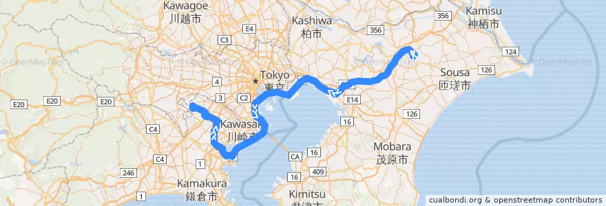 Mapa del recorrido リムジンバス　成田空港⇒新百合ヶ丘駅 de la línea  en Japon.