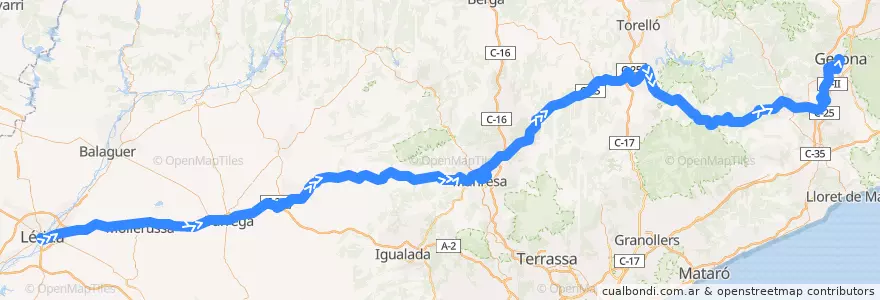 Mapa del recorrido L0324: Lleida - Girona per l'Eix Transversal de la línea  en Catalunya.