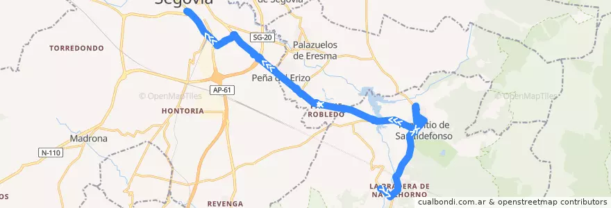 Mapa del recorrido Segovia - La Granja de San Ildefonso - Valsaín de la línea  en Segovia.