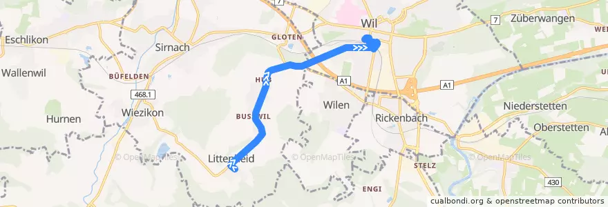 Mapa del recorrido Bus 733: Littenheid, Klinik => Wil, Bahnhof de la línea  en Schweiz.