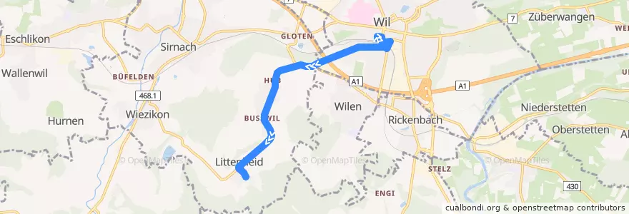 Mapa del recorrido Bus 733: Wil, Bahnhof => Littenheid, Klinik de la línea  en 스위스.