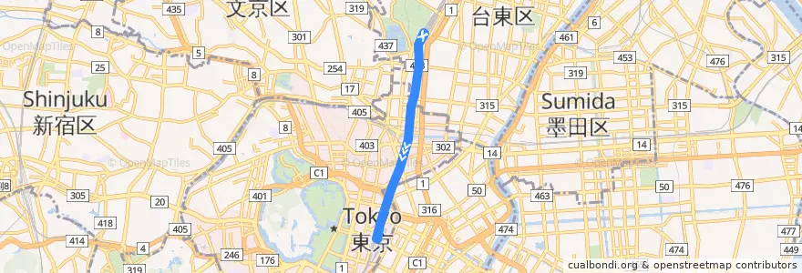 Mapa del recorrido 上野東京ライン (下り) de la línea  en Tokio.