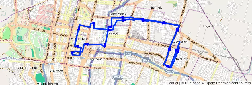 Mapa del recorrido 52 - Muni. Guaymallén - San Lorenzo - Casa de Gob. - Muni. Guaymallén de la línea G05 en Mendoza.
