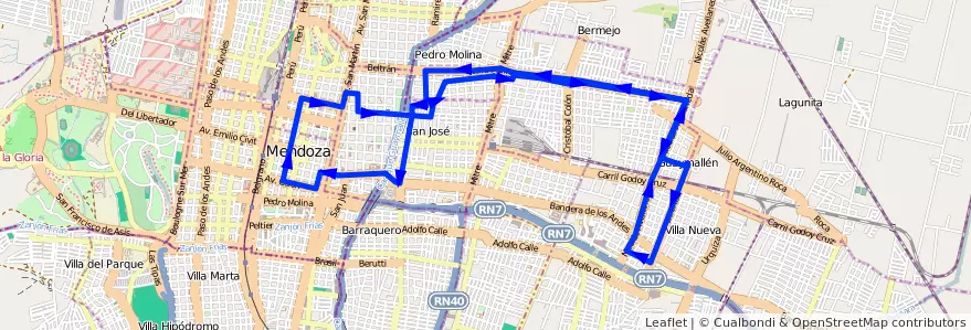 Mapa del recorrido 52 - Muni. Guaymallén - San Lorenzo de la línea G05 en Mendoza.