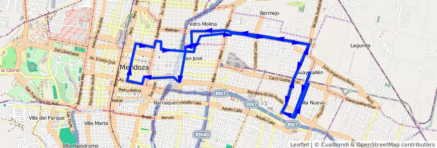 Mapa del recorrido 52 - Muni. Guaymallén - San Lorenzo - Muni. Guaymallén de la línea G05 en Mendoza.