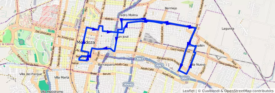 Mapa del recorrido 52 - San Lorenzo - Casa de Gob. - Muni. Guaymallén de la línea G05 en Mendoza.