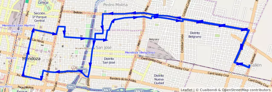Mapa del recorrido 52 - San Lorenzo de la línea G05 en Mendoza.