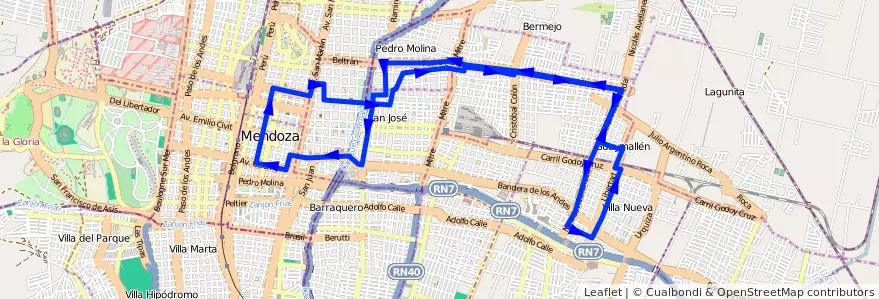 Mapa del recorrido 52 - San Lorenzo - Muni. Guaymallén de la línea G05 en Mendoza.