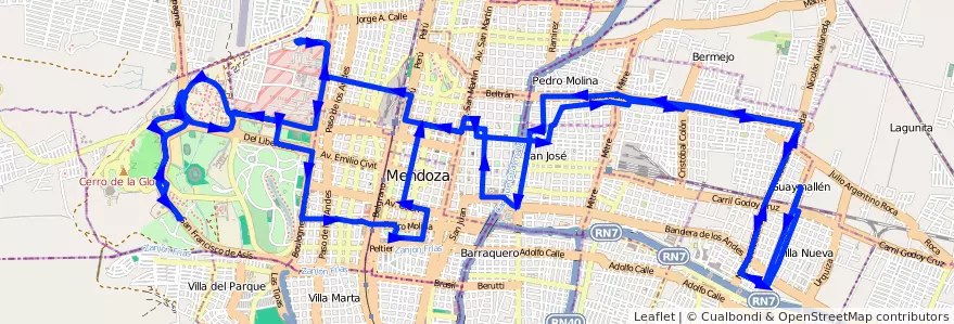 Mapa del recorrido 52 - San Lorenzo - U.N.C. - Liceo Agricola - E.G.B. de la línea G05 en Mendoza.
