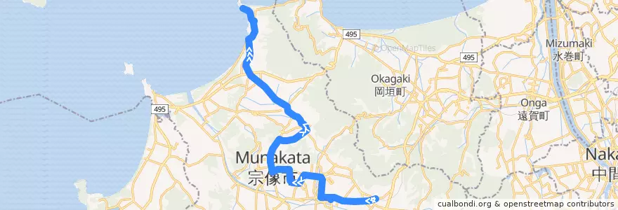 Mapa del recorrido 津屋崎〜鐘崎線 de la línea  en 宗像市.