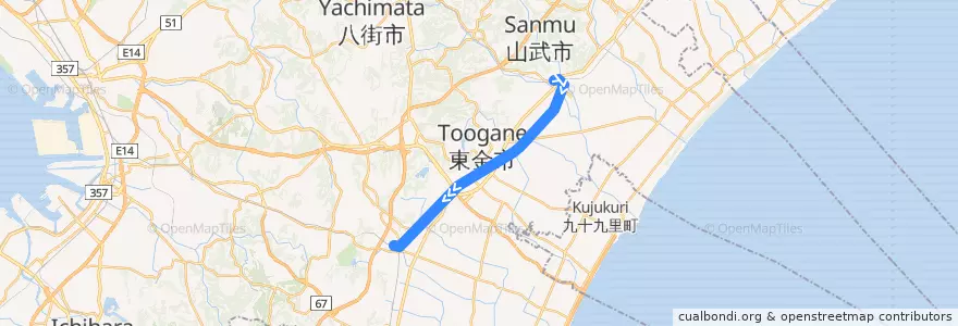 Mapa del recorrido JR東金線 de la línea  en 千葉県.