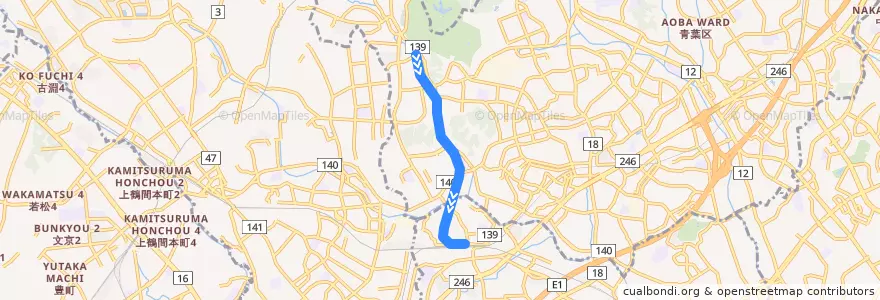 Mapa del recorrido 横浜高速鉄道こどもの国線 de la línea  en 青葉区.
