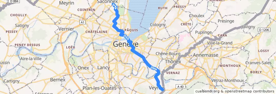 Mapa del recorrido Bus 8: OMS → Veyrier-Douane de la línea  en Ginebra.
