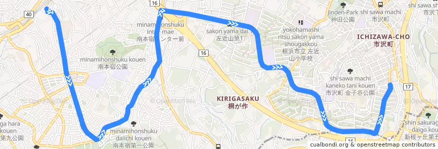 Mapa del recorrido 旭1 二俣川駅南口→左近山第6行き de la línea  en 旭区.
