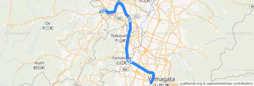 Mapa del recorrido JR左沢線 de la línea  en Préfecture de Yamagata.