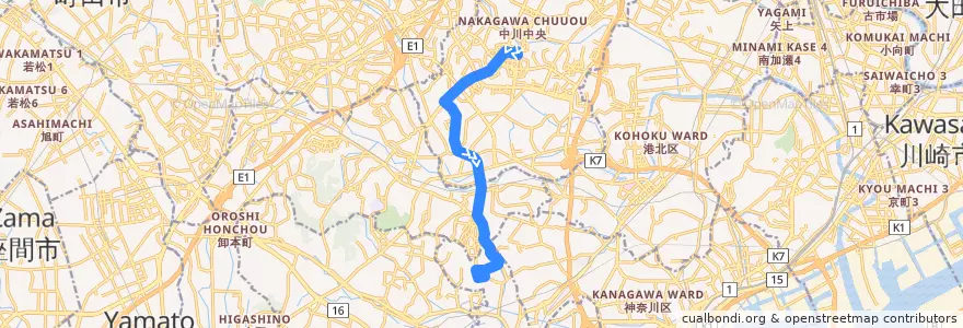 Mapa del recorrido 124系統　センター南駅⇒笹山団地中央 de la línea  en 横浜市.