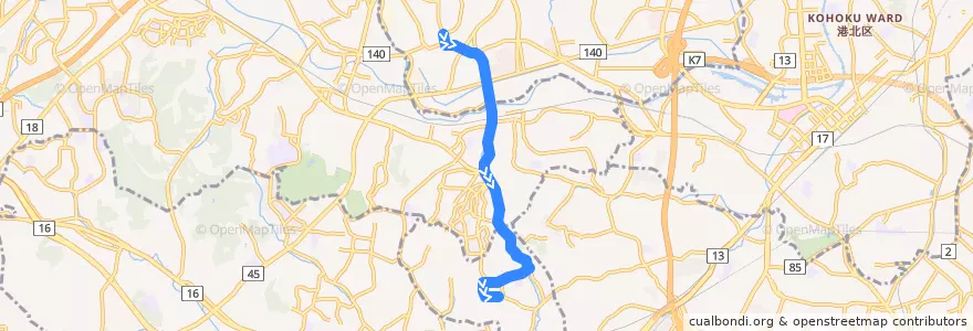 Mapa del recorrido 124系統　石橋⇒笹山団地中央 de la línea  en Yokohama.