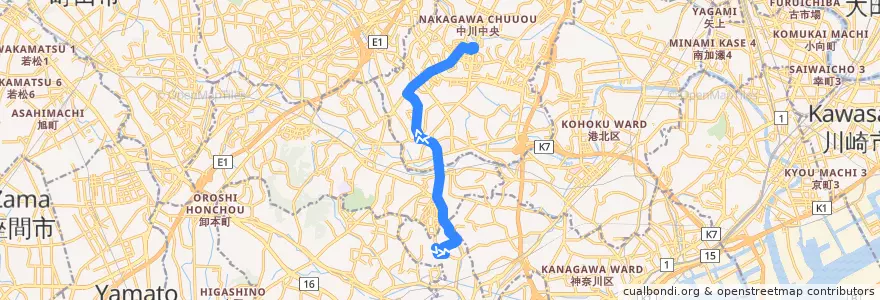Mapa del recorrido 124系統　笹山団地⇒センター南駅 de la línea  en 요코하마시.