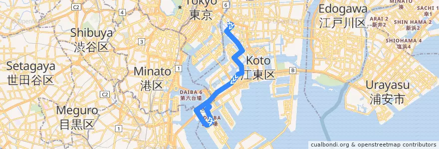 Mapa del recorrido 東京都交通局 海01 門前仲町 - 東京テレポート駅前 de la línea  en 江東区.