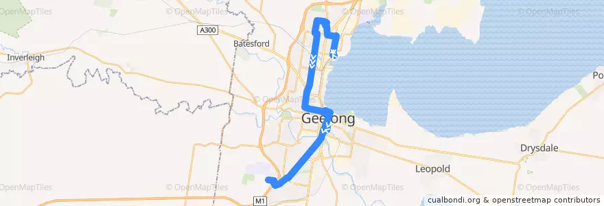 Mapa del recorrido Bus 1: North Shore Station => Geelong City => Deakin University de la línea  en City of Greater Geelong.